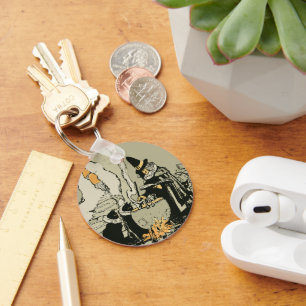 Vintages Halloween, Hexe mit Cauldron und Katzen Schlüsselanhänger