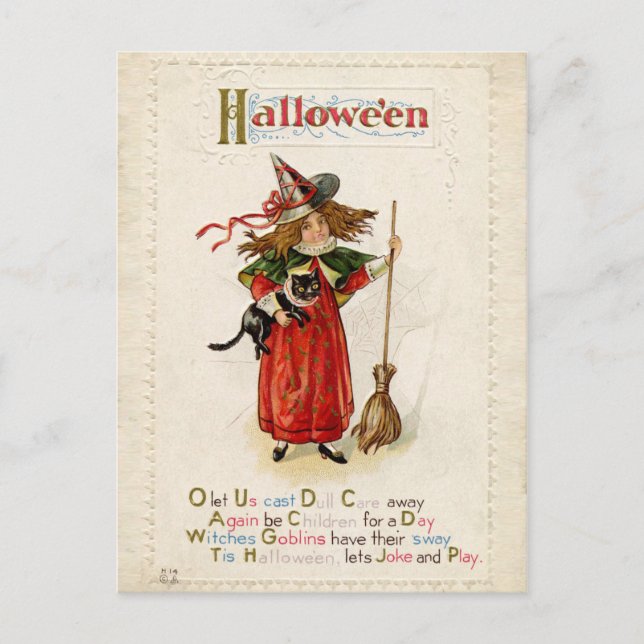 Vintages Halloween-Hexenmädchen mit Katze Postkarte (Vorderseite)