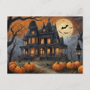 Vintages Halloween House und Vollmond Feiertagspostkarte