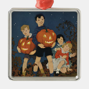 Vintages Halloween, Kinder, die Pumpkins halten Silbernes Ornament