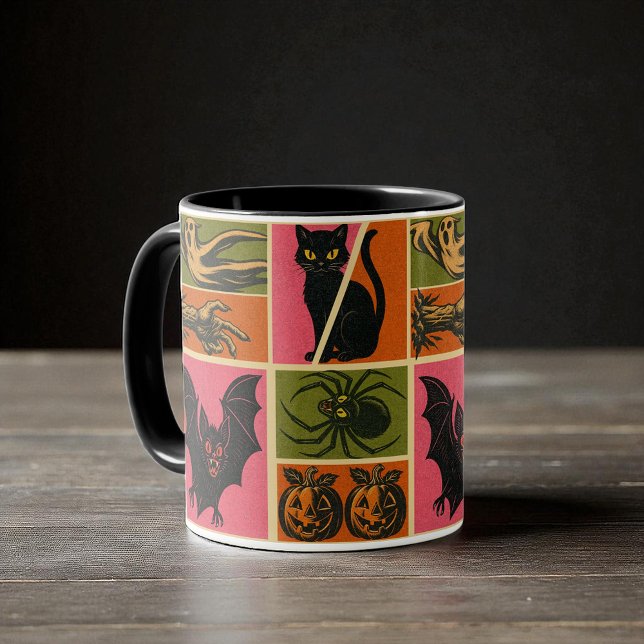 Vintages Halloween-Muster Tasse (Retro Halloween mug with black cats, bats, pumpkins, ghosts, spiders, and creepy hands in bold color)