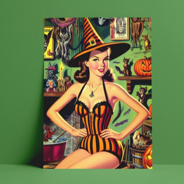 Vintages Halloween Niedlich Hexenpinup Postkarte (Von Creator hochgeladen)