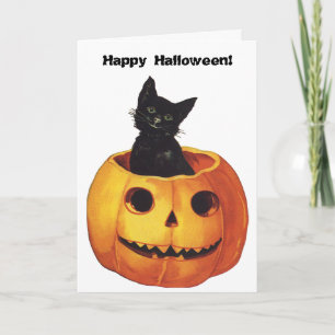 Vintages Halloween, Niedliche Schwarze Katze in ei Karte