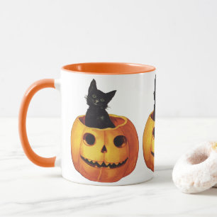 Vintages Halloween, Niedliche Schwarze Katze in ei Tasse