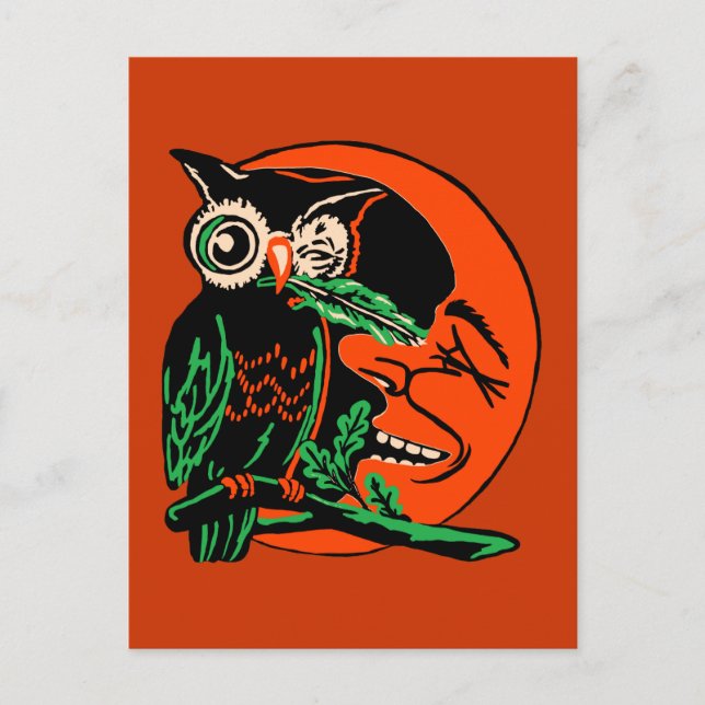 Vintages Halloween-Owl Kitzelt den Mond Postkarte (Vorderseite)