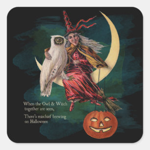 Vintages Halloween-Owl und Hexenkleber Quadratischer Aufkleber
