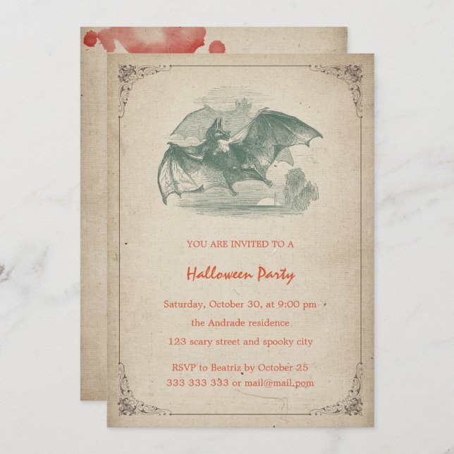 Vintages Halloween-Party Bat Blood Spritzer Einfac Einladung (Vorne/Hinten)