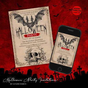 Vintages Halloween-Party für Tragebote und Schädel Einladung