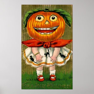 Vintages Halloween Pumpkin Head Girl Poster