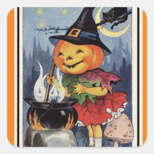 Vintages Halloween Pumpkin-Hexenmädchen Quadratischer Aufkleber