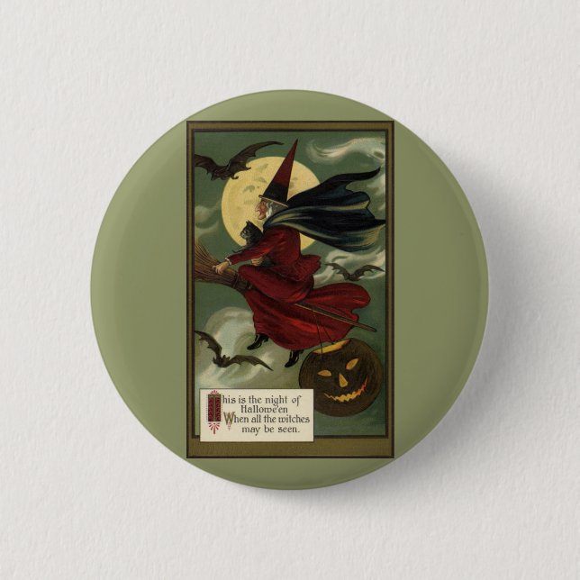 Vintages Halloween-Riding-Broomstick mit Katze Button (Vorderseite)