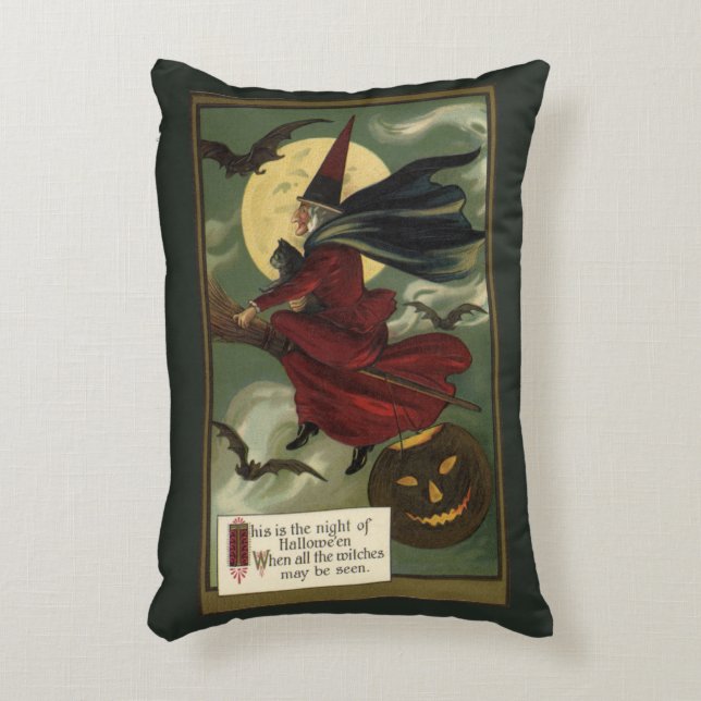 Vintages Halloween-Riding-Broomstick mit Katze Dekokissen (Vorderseite(Vertikal))