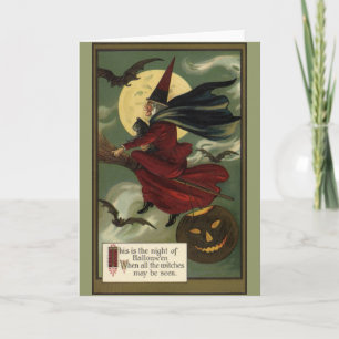 Vintages Halloween-Riding-Broomstick mit Katze Karte