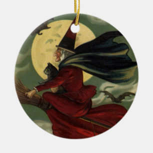 Vintages Halloween-Riding-Broomstick mit Katze Keramik Ornament
