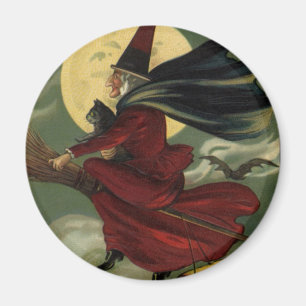 Vintages Halloween-Riding-Broomstick mit Katze Magnet