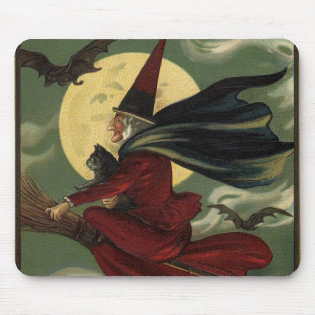 Vintages Halloween-Riding-Broomstick mit Katze Mousepad (Vorne)