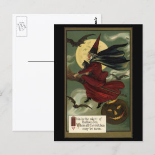 Vintages Halloween-Riding-Broomstick mit Katze Postkarte
