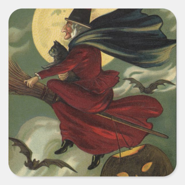 Vintages Halloween-Riding-Broomstick mit Katze Quadratischer Aufkleber (Vorderseite)