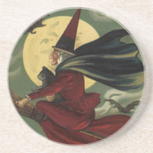 Vintages Halloween-Riding-Broomstick mit Katze Sandstein Untersetzer