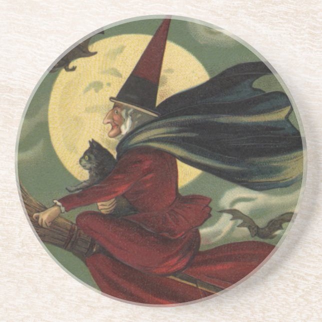 Vintages Halloween-Riding-Broomstick mit Katze Sandstein Untersetzer (Vorne)