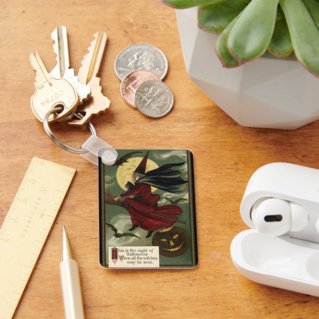 Vintages Halloween-Riding-Broomstick mit Katze Schlüsselanhänger (Schreibtisch)