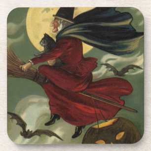 Vintages Halloween-Riding-Broomstick mit Katze Untersetzer