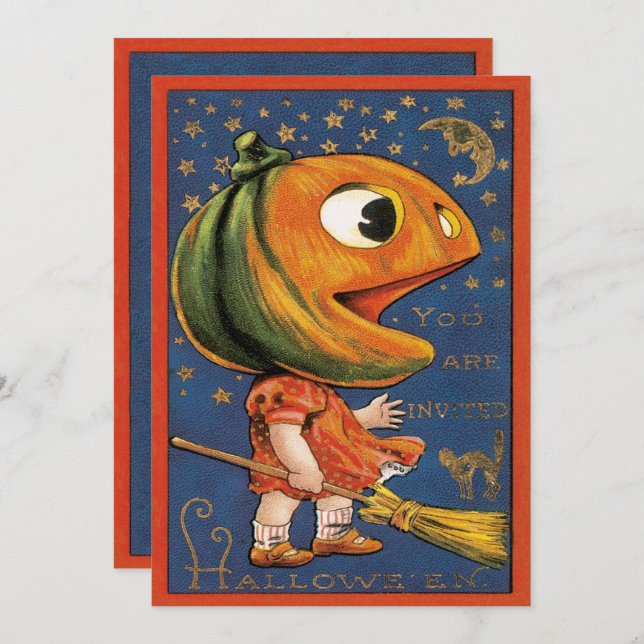 Vintages Halloween, Riesenkürbis Einladung (Vorne/Hinten)
