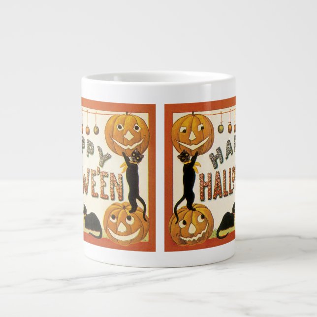 Vintages Halloween, Schwarze Katzen mit Jackolante Jumbo-Tasse (Vorderseite)