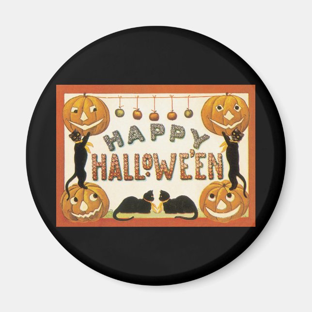 Vintages Halloween, Schwarze Katzen mit Jackolante Magnet (Vorne)