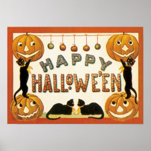 Vintages Halloween, Schwarze Katzen mit Jackolante Poster