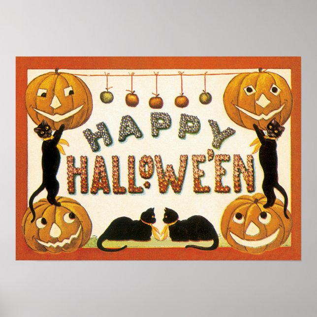 Vintages Halloween, Schwarze Katzen mit Jackolante Poster (Vorne)
