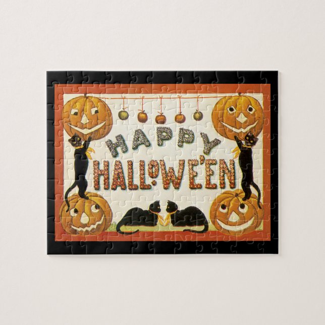 Vintages Halloween, Schwarze Katzen mit Jackolante Puzzle (Horizontal)