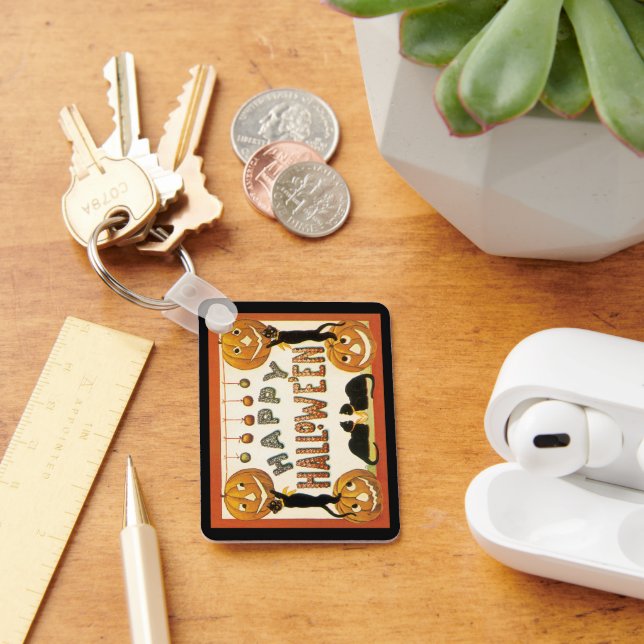 Vintages Halloween, Schwarze Katzen mit Jackolante Schlüsselanhänger (Schreibtisch)