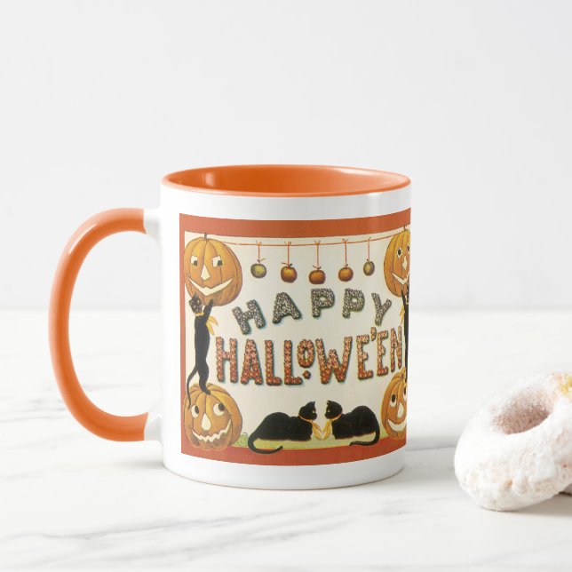 Vintages Halloween, Schwarze Katzen mit Jackolante Tasse (Mit Donut)