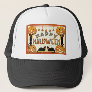 Vintages Halloween, Schwarze Katzen mit Jackolante Truckerkappe
