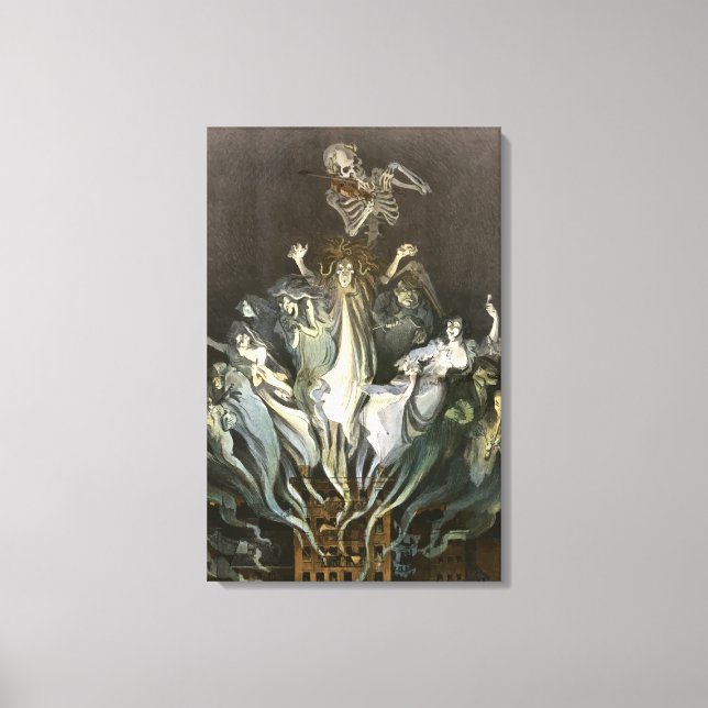 Vintages Halloween, Skeleton Violinist und Geister Leinwanddruck (Vorderseite)