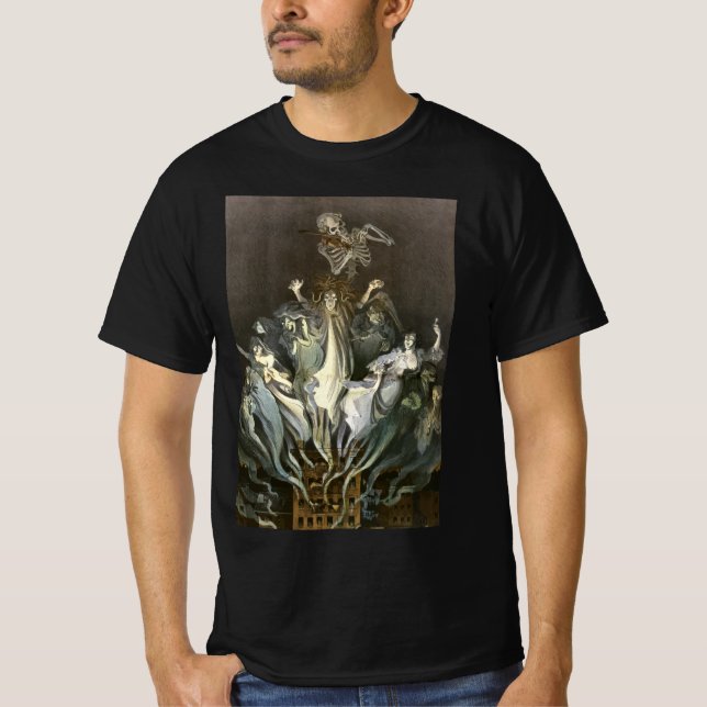 Vintages Halloween, Skeleton Violinist und Geister T-Shirt (Vorderseite)