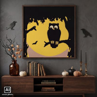 Vintages Halloween, Spooky Owl im Baum mit dem Mon