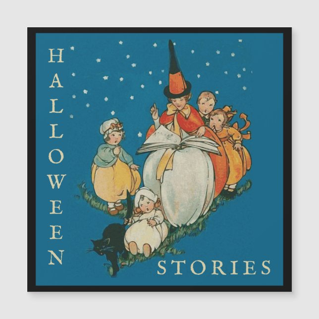 Vintages Halloween Storytime Kleine Hexenkatze Magnetkarte (Vorderseite)