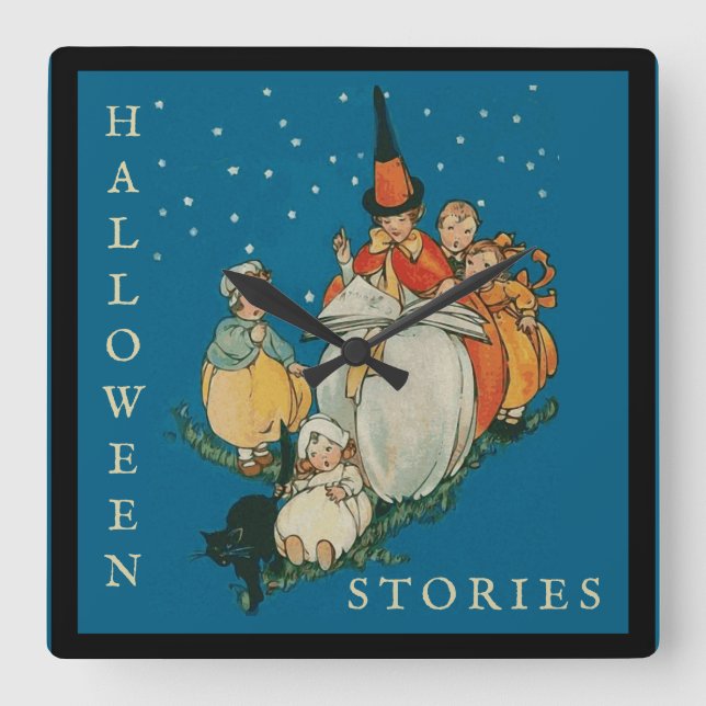 Vintages Halloween Storytime Kleine Hexenkatze Quadratische Wanduhr (Vorderseite)