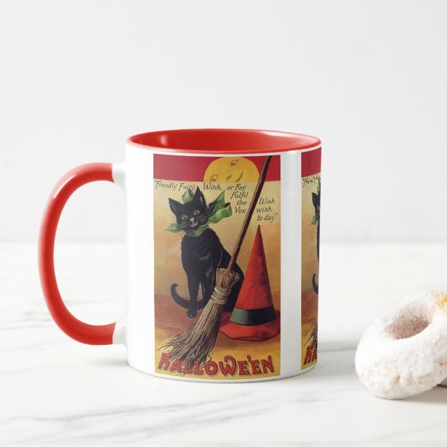Vintages Halloween von Ellen Clapsaddle, Black Cat Tasse (Mit Donut)
