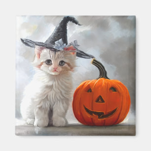 Vintages Halloween White Kitten und Jack-o'-Latern Magnet