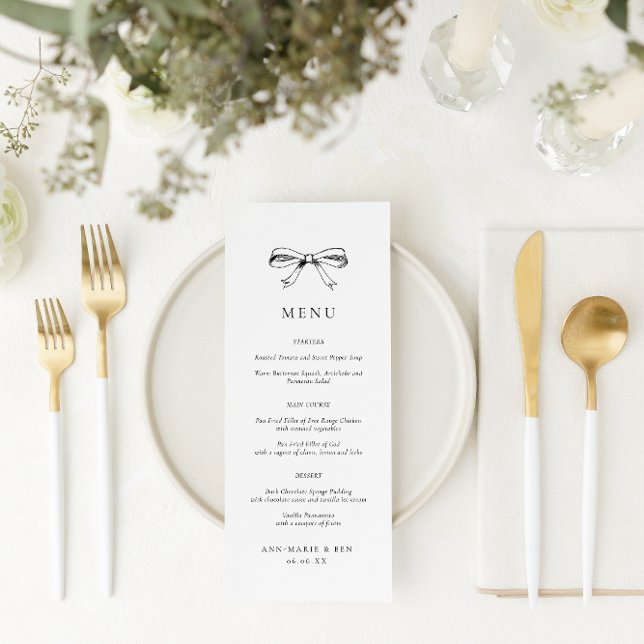 Vintages Hand Drawn Bow Black Wedding Menu Menükarte (Von Creator hochgeladen)