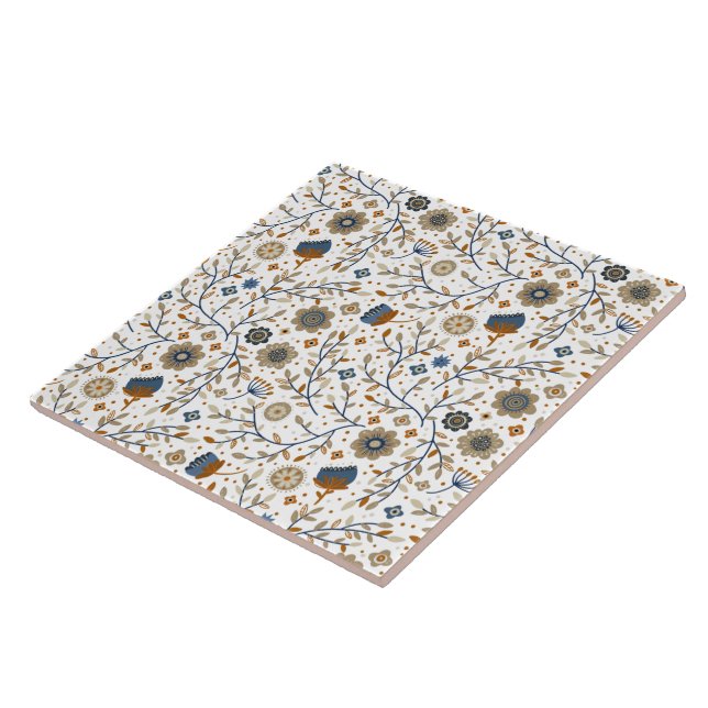 Vintages handGezeichnet Blumenmuster in Blau, Oran Fliese (Seite)