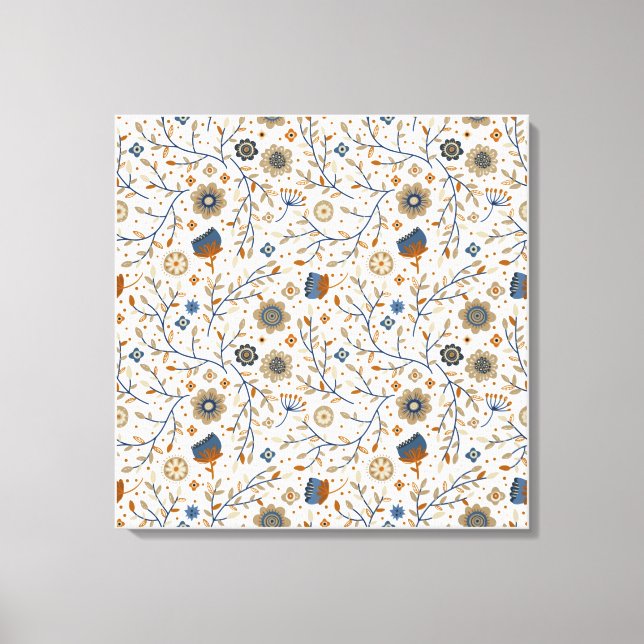 Vintages handGezeichnet Blumenmuster in Blau, Oran Leinwanddruck (Vorderseite)