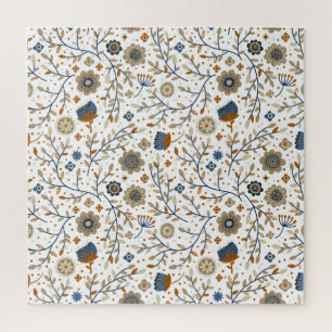 Vintages handGezeichnet Blumenmuster in Blau, Oran Puzzle