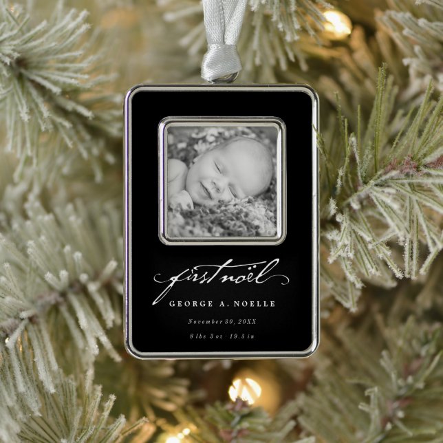 Vintages Handwriting Script Baby's First Weihnacht Rahmen-Ornament Silber (Baum)