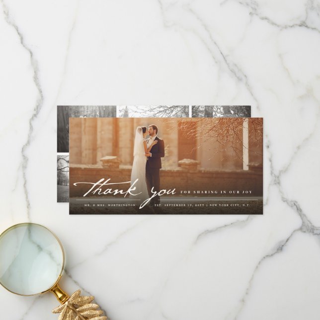 Vintages Handwriting-Script Classic 6-Foto-Hochzei Dankeskarte (Vorderseite/Rückseite Beispiel)