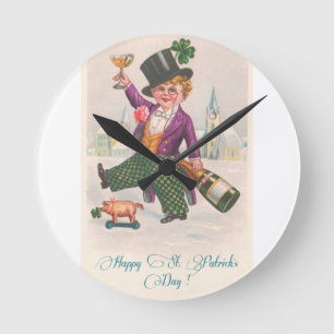 Vintages Happy St Patricks Day Kleeblatt Champagne Runde Wanduhr