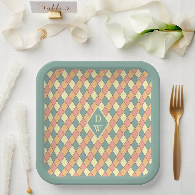 Vintages Harlequine Diagonal in Pastels Monogram Pappteller (Hochzeit)